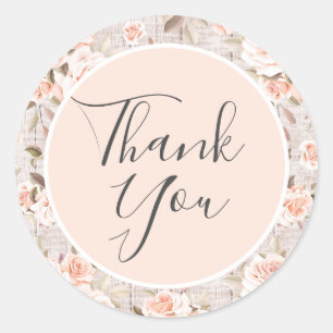 Sticker Rond Bois rustique et Roses romantiques Shabby Merci