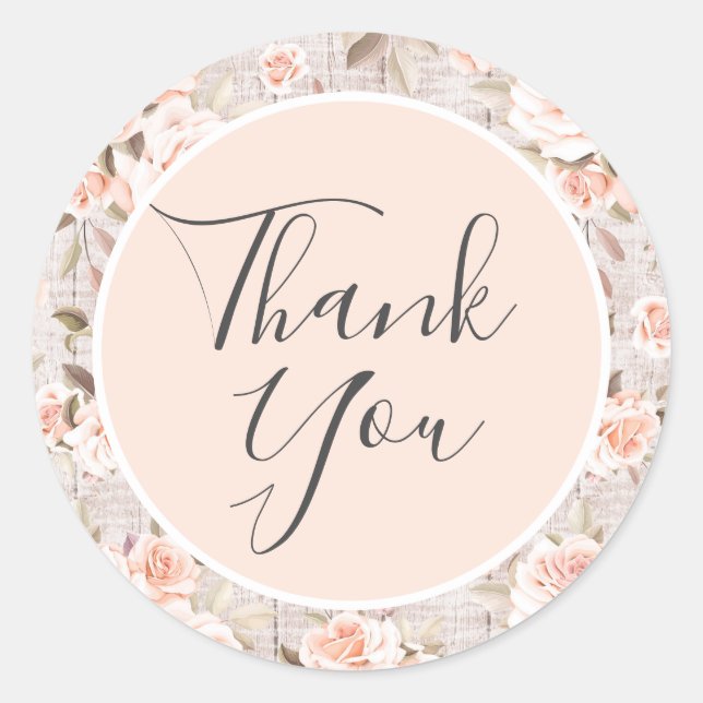 Sticker Rond Bois rustique et Roses romantiques Shabby Merci (Devant)