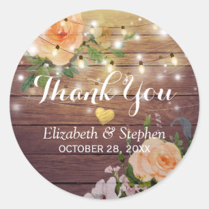 Sticker Rond Bois rustique Floral Chaîne Lumières Mariage Merci