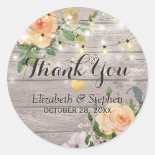 Sticker Rond Bois rustique Floral Chaîne Lumières Mariage Merci