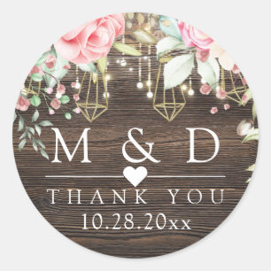 Sticker Rond Bois rustique Floral String lumières Mariage Merci