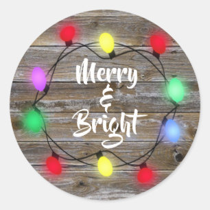 Sticker Rond Bois rustique Joyeux et lumières de Noël brillante