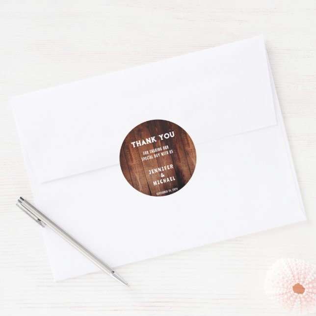 Sticker Rond Bois rustique mariage campagnard rural Merci (Enveloppe)