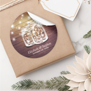Sticker Rond Bois rustique Mason Jar String éclats mariage Fave