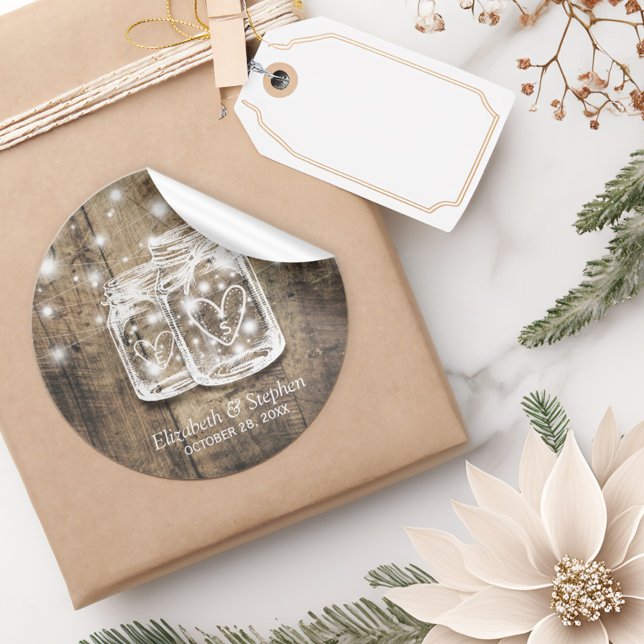 Sticker Rond Bois rustique Mason Jar String éclats mariage Fave (Créateur téléchargé)