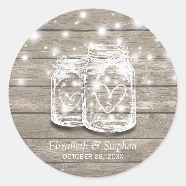 Sticker Rond Bois rustique Mason Jar String éclats mariage Fave (Devant)