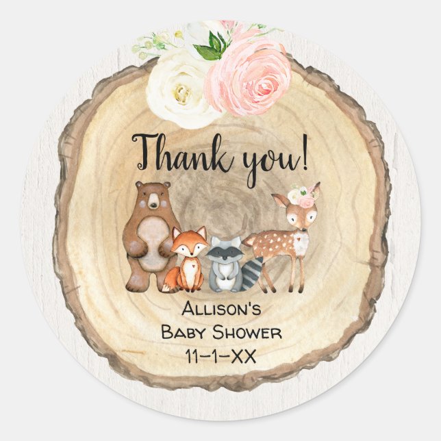 Sticker Rond Bois rustique mignon animaux fille baby shower (Devant)