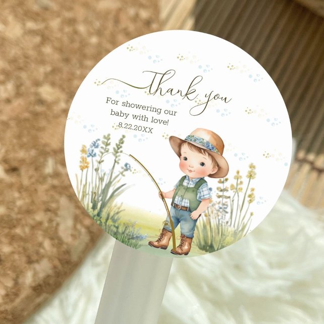 Sticker Rond Bois rustique mignon Baby shower de pêche Merci (Créateur téléchargé)