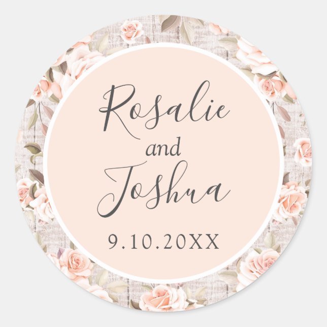 Sticker Rond Bois rustique & Roses romantiques Shabby Mariage D (Devant)