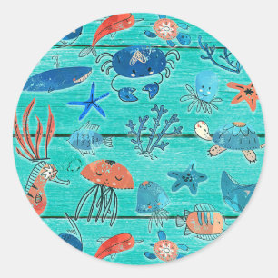 Sticker Rond Bois Turquoise rustique et sous la mer Amis Whimsi