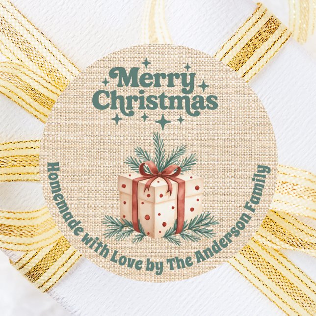 Sticker Rond Boîte cadeau de Noël beige burlap fait maison (Créateur téléchargé)
