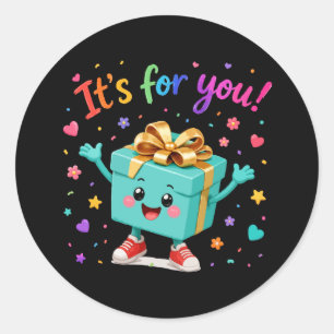 Sticker Rond Boîte-cadeau sarcelle mignonne et heureuse Surpris