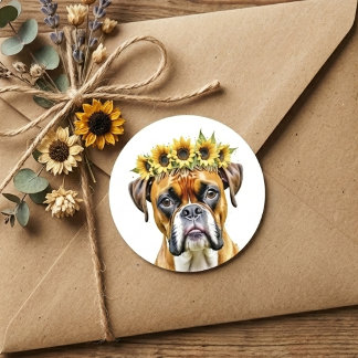 Sticker Rond Boîte de peinture à l'aquarelle Chien Boxer Couron