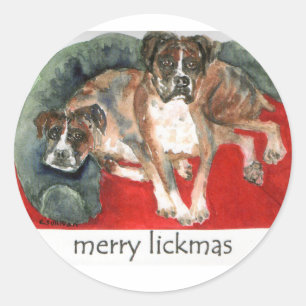 Sticker Rond boîtes de noël à l'aquarelle chiens joyeux lickmas