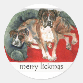 Sticker Rond boîtes de noël à l'aquarelle chiens joyeux lickmas