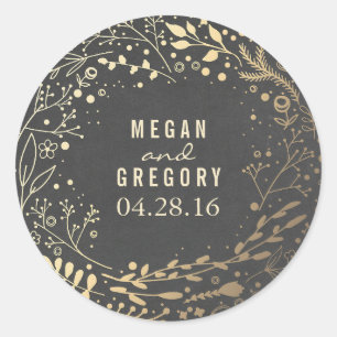 Sticker Rond Boîtier doré Bouquet floral Chalkboard