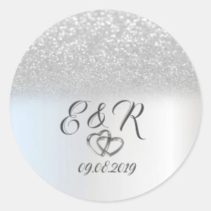 Sticker Rond Bokeh Pailleté Argent Élégant, Cœurs Mariage