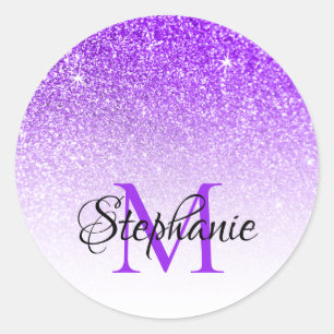 Sticker Rond Bokeh Violet Paillettes Monogramme Blanc Ombré