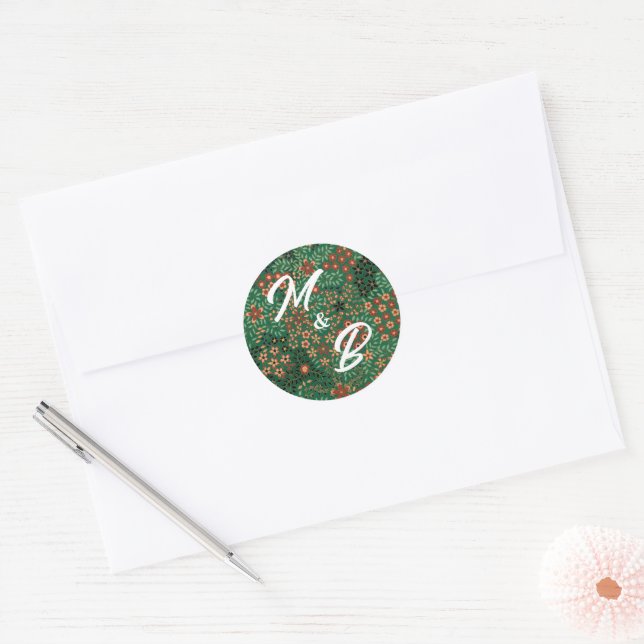 Sticker Rond Bold Dark Green Red Floral Textile Pattern Wedding (Enveloppe)