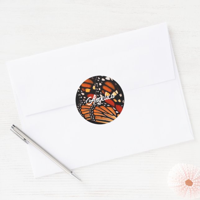 Sticker Rond bold monarch butterfly wing pattern personalize (Enveloppe)