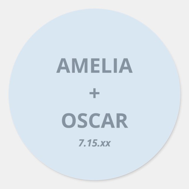 Sticker Rond Bold Soft Blue Modern Wedding Names Date Custom (Devant)