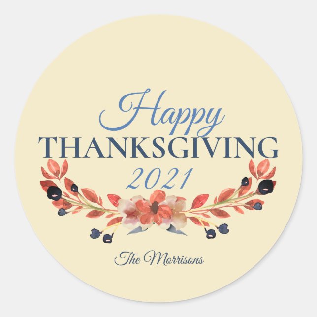 Sticker Rond Bon thanksgiving Bleu Brown Floral Aquarelle (Devant)