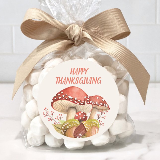 Sticker Rond Bon thanksgiving Champignons rouges Automne automn (Red mushrooms "Happy Thanksgiving" stickers)