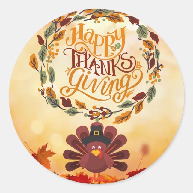 Sticker Rond Bon thanksgiving mignonne Turquie et feuilles d'au (Devant)