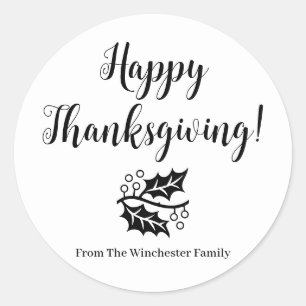Sticker Rond Bon thanksgiving personnalisé noir feuille de scri