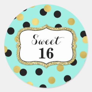 Sticker Rond Bonbon 16 confettis noirs turquoises d'or