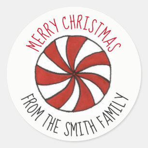 Sticker Rond Bonbon de menthe de Noël Joyeux personnalisé