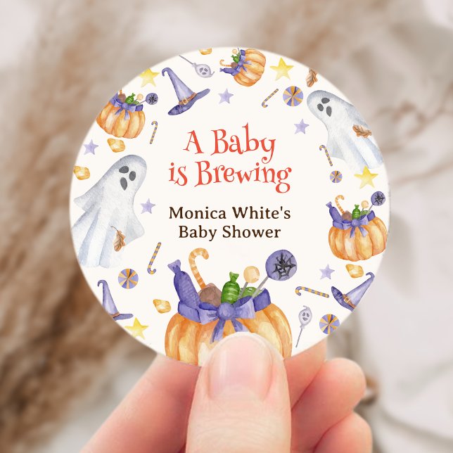 Sticker Rond Bonbons Citrouilles Fantômes Halloween Baby Brassa (Candy Pumpkin Ghosts Halloween Baby Brewing Shower Classic Round Sticker)