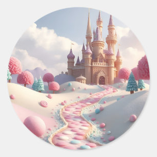 Sticker Rond Bonbons Rose Neige Terre Fée Château