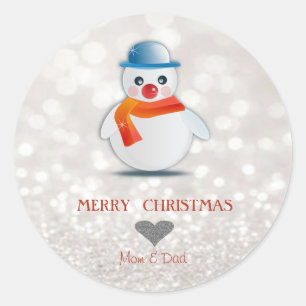 Sticker Rond Bonhomme de neige adorable, Bokeh scintillant