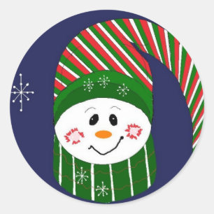 Sticker Rond Bonhomme de neige avec un long chapeau rayé