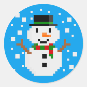 Sticker Rond Bonhomme de neige en Pixel Art