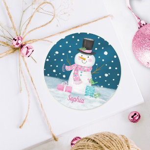 Sticker Rond Bonhomme de neige rose personnalisé Noël Fêtes
