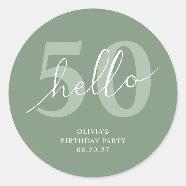 Sticker Rond Bonjour 50 | Sage vert moderne 50e anniversaire (Devant)