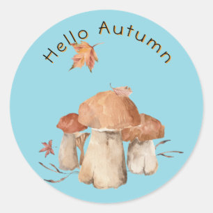 Sticker Rond Bonjour Automne Feuilles Sèches Champignons Aquare