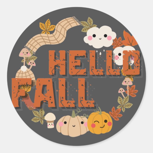 Sticker Rond Bonjour Automne Mignonne Nature Automne feuilles C (Devant)
