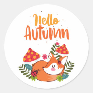 Sticker Rond Bonjour Automne Renard Mignon Automne Saison D'aut
