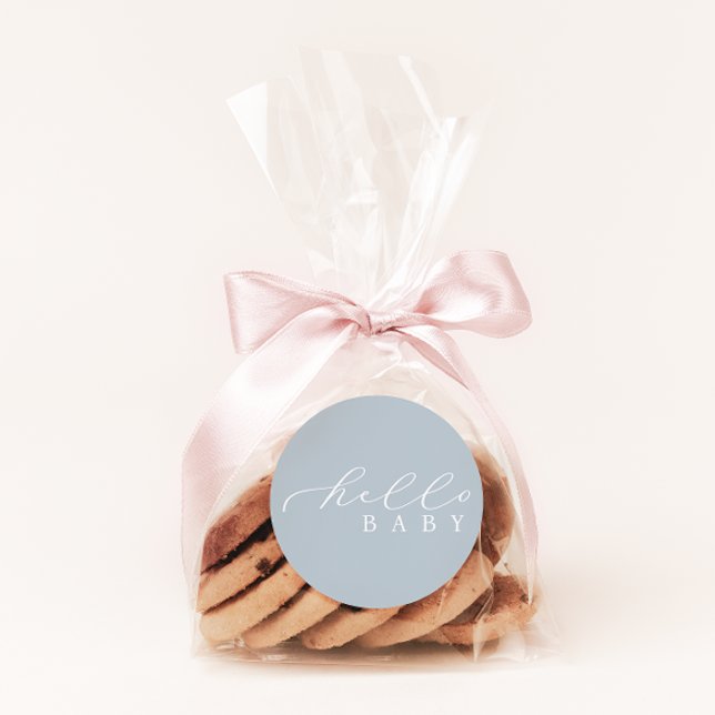 Sticker Rond Bonjour Baby Blue Minimalist Baby shower de script (Créateur téléchargé)