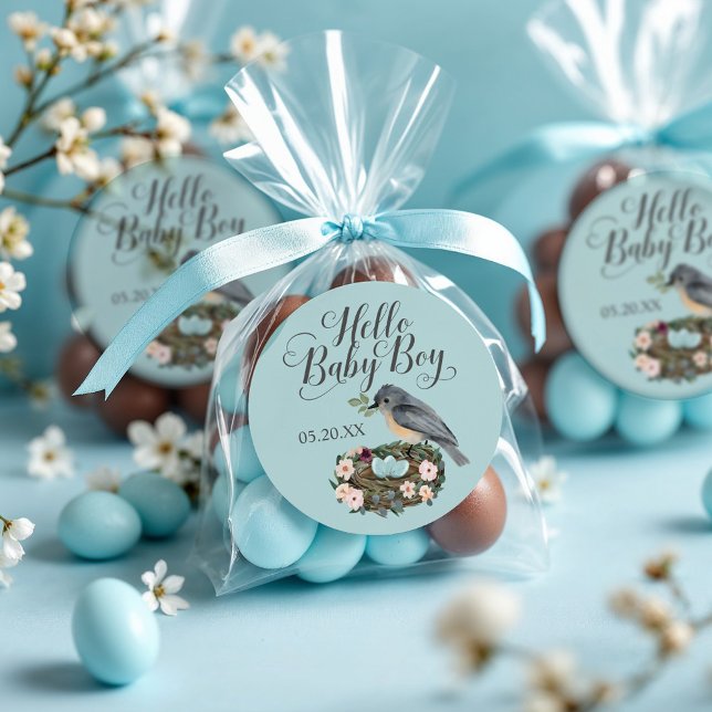 Sticker Rond Bonjour Baby Boy Floral Bird's Nest Baby shower (Hello Baby Boy Floral Bird's Nest Baby Shower Classic Round Sticker)