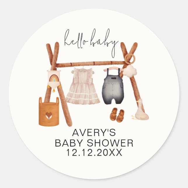 Sticker Rond Bonjour bébé | Baby shower Vêtements Boho mignons (Devant)