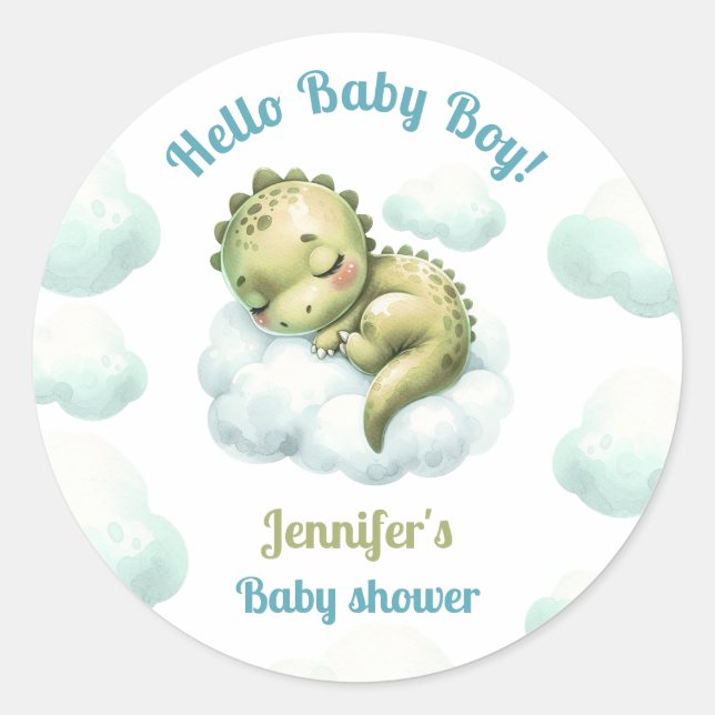 Sticker Rond Bonjour bébé garçon mignonne Dinosaur Baby shower  (Devant)