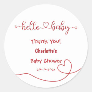 Sticker Rond Bonjour Bébé Red Heart Baby shower minimal