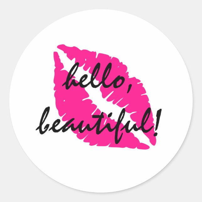 Sticker Rond Bonjour belle avec Lipstick rose (Devant)