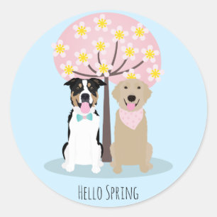 Sticker Rond Bonjour Chiens De Printemps Par Cherry Blossom Tre