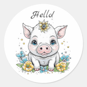 Sticker Rond Bonjour ! Cochon mignon avec Fleur sur sa tête