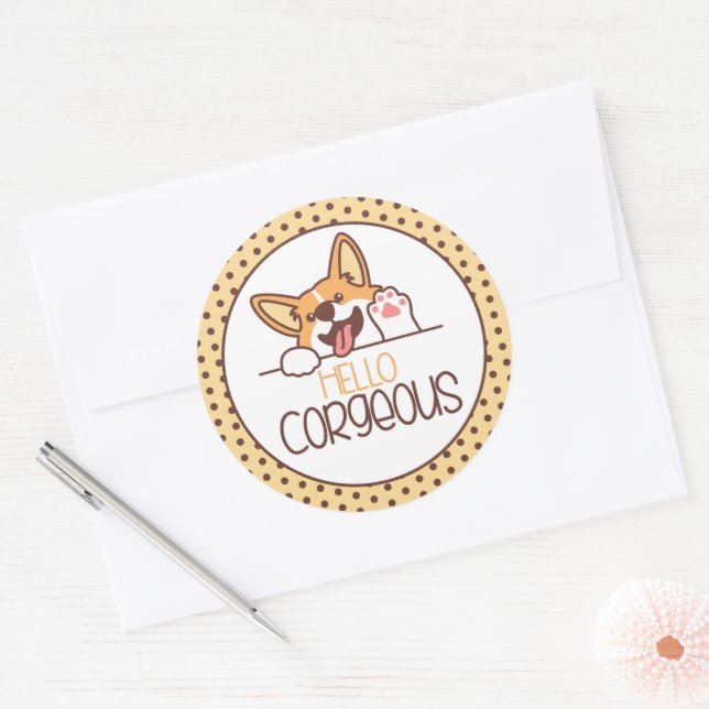 Sticker Rond Bonjour Corgi Chien (Enveloppe)